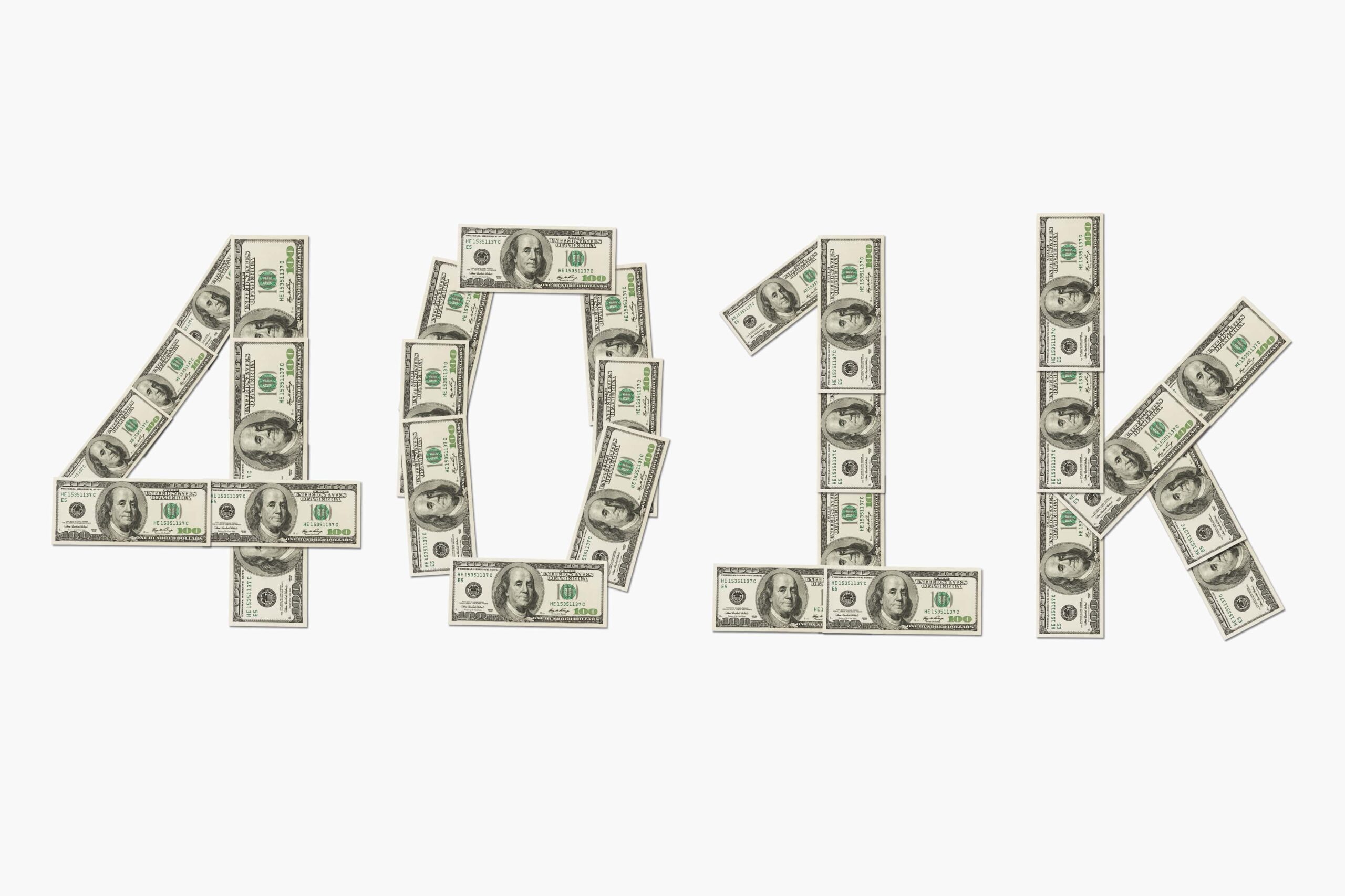 401k spelled out with hundred dollar bills